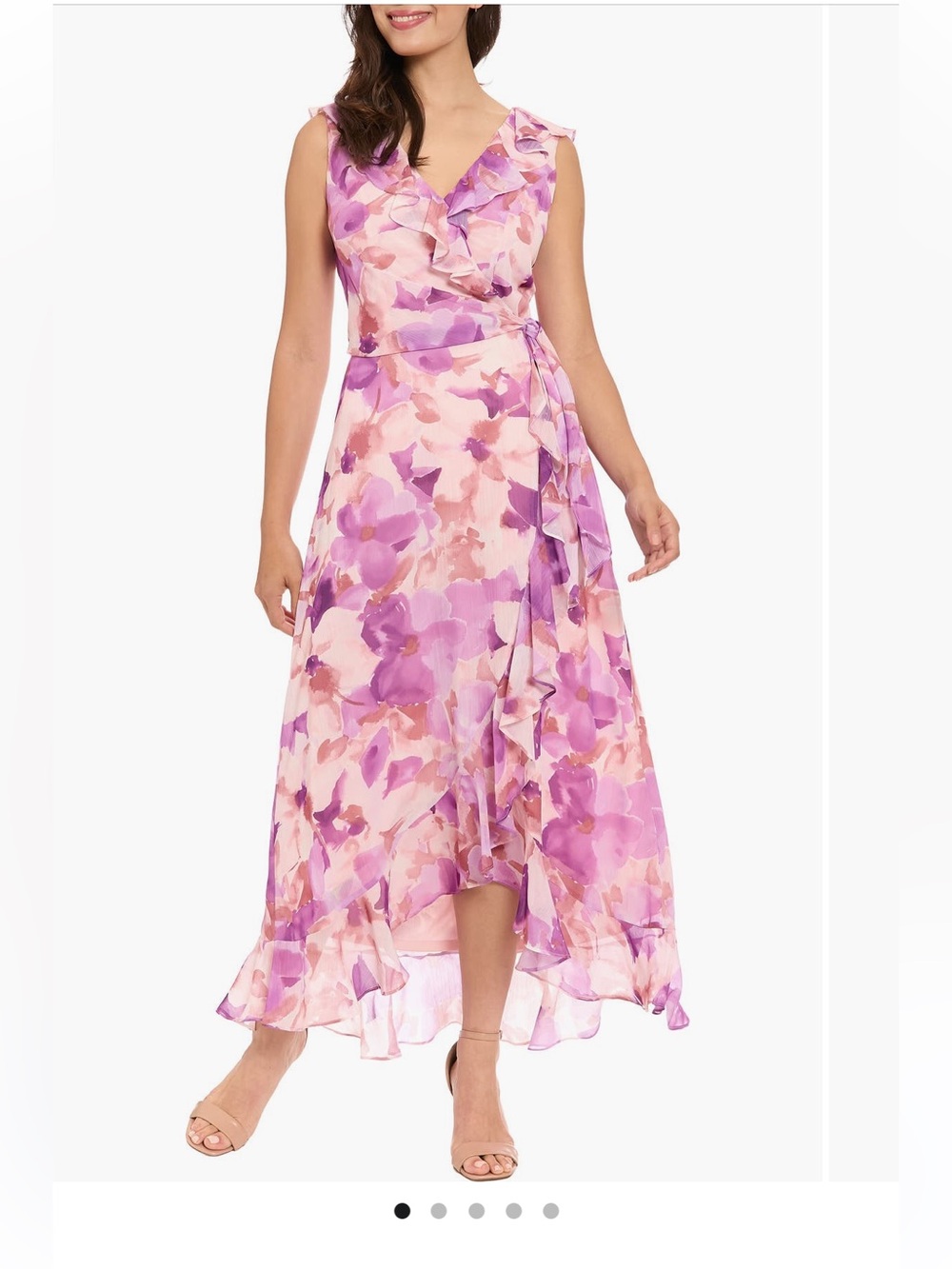 London Times Pink and Purple Floral Ruffle Wrap High-Low Dress